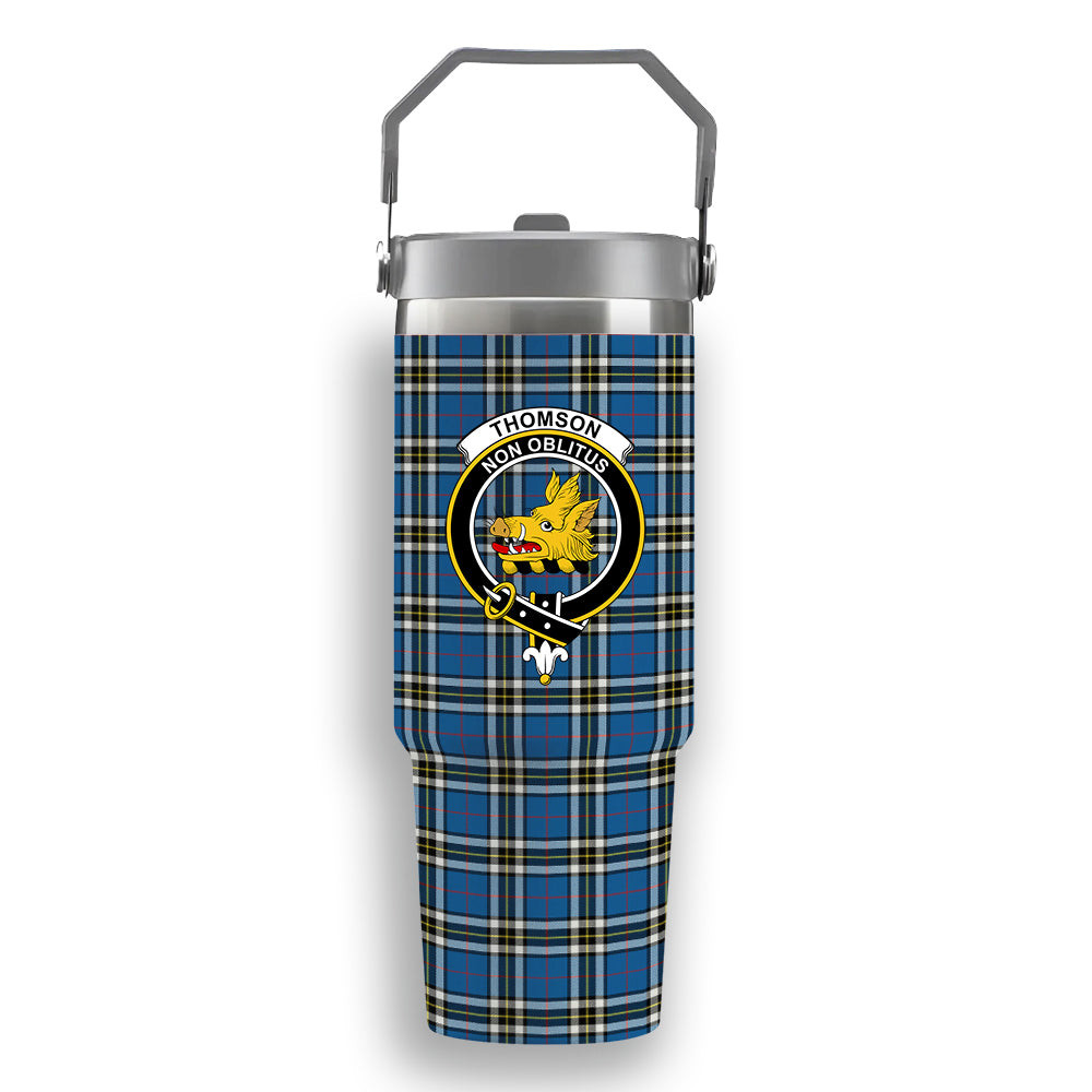 ScotsTee Shop Scottish Thomson Blue Crest Tartan Flip Straw Tumbler 20oz 30oz