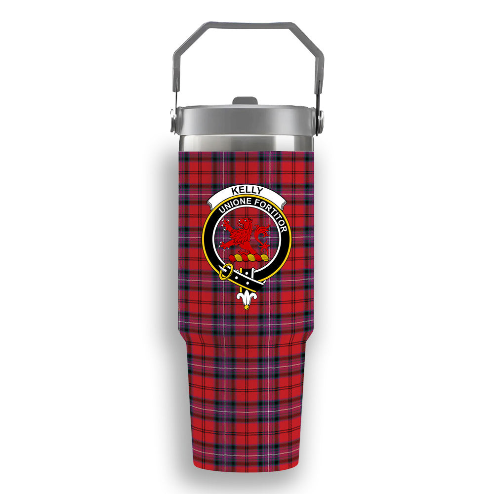 ScotsTee Shop Scottish Kelly of Sleat Red Modern Crest Tartan Flip Straw Tumbler 20oz 30oz
