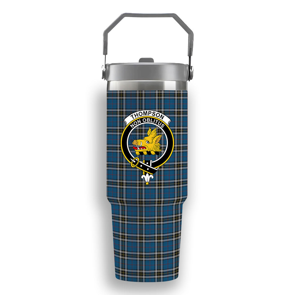 ScotsTee Shop Scottish Thompson Society Dress Blue Crest Tartan Flip Straw Tumbler 20oz 30oz