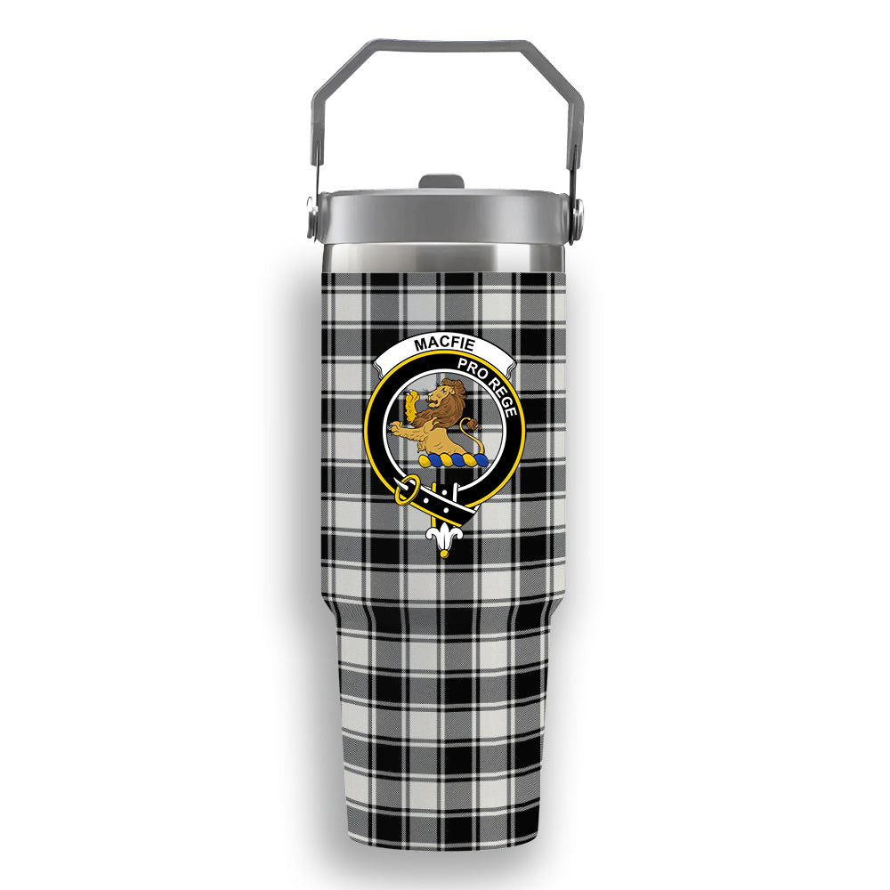 ScotsTee Shop Scottish MacFie Black & White Modern Crest Tartan Flip Straw Tumbler 20oz 30oz
