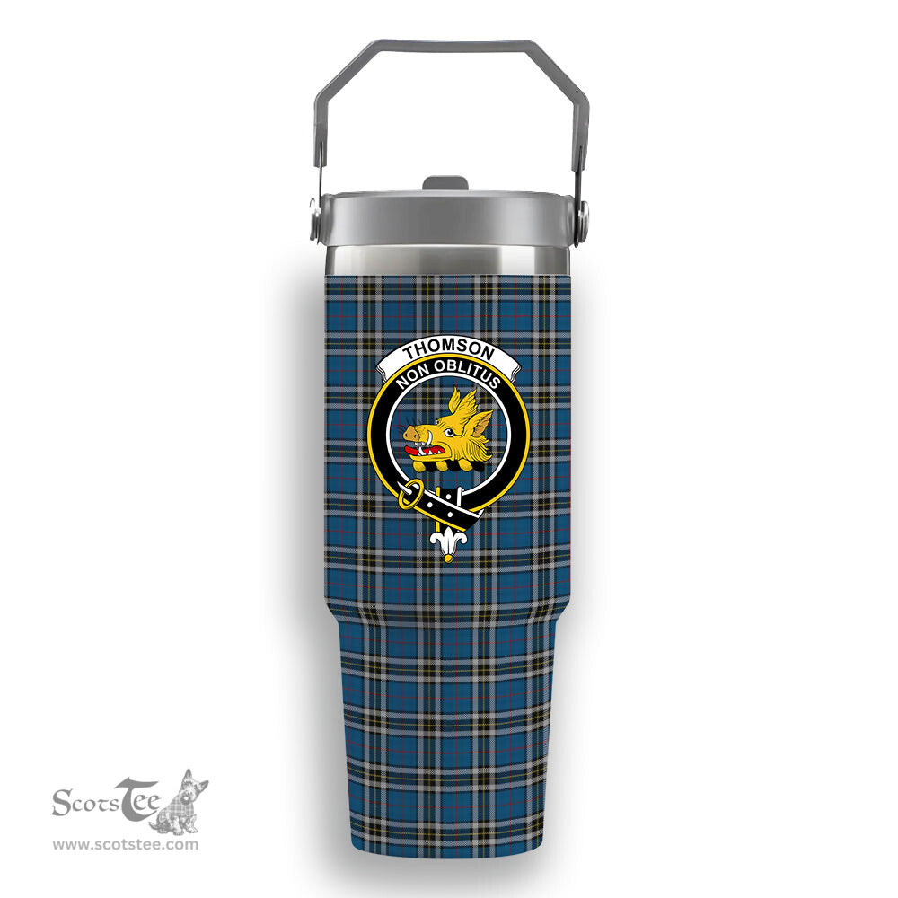 ScotsTee Shop Scottish Thomson Dress Blue Crest Tartan Flip Straw Tumbler 20oz 30oz