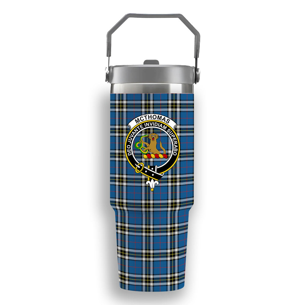 ScotsTee Shop Scottish McThomas Blue Modern Crest Tartan Flip Straw Tumbler 20oz 30oz