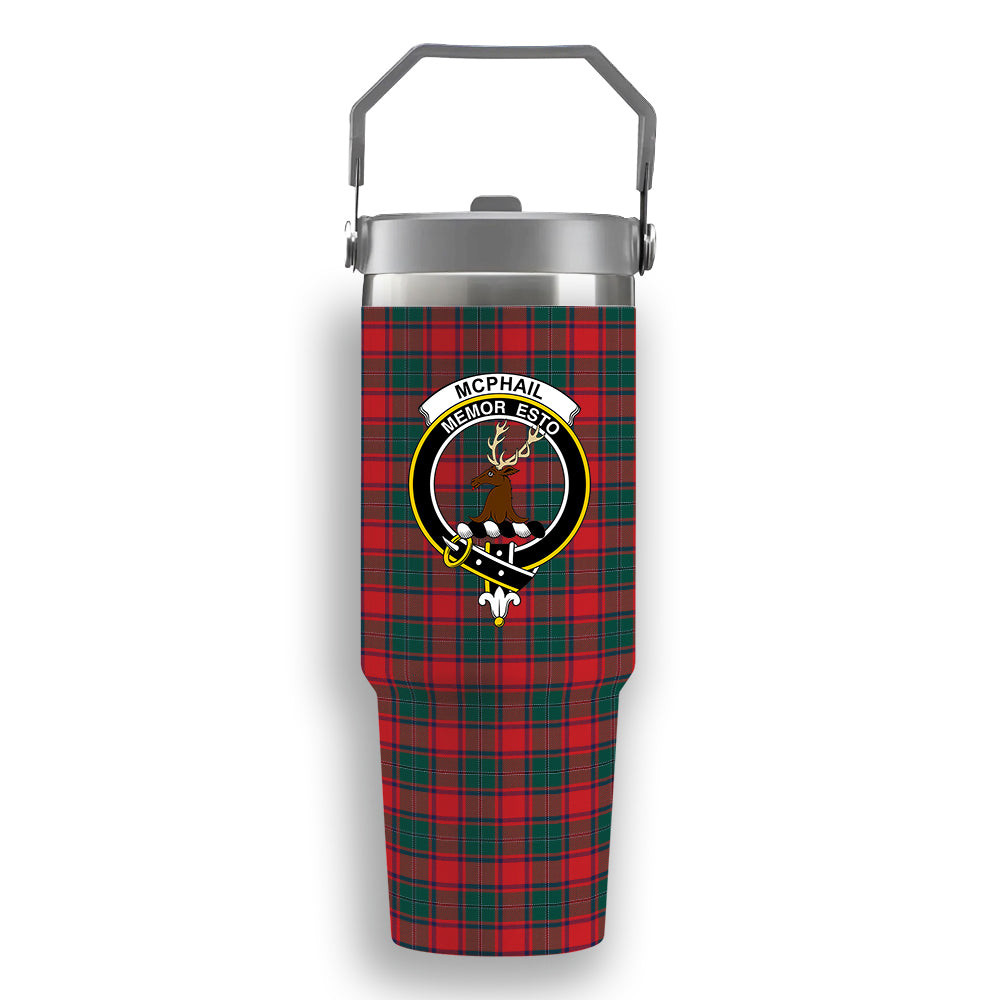ScotsTee Shop Scottish McPhail Blue Bands Modern Crest Tartan Flip Straw Tumbler 20oz 30oz