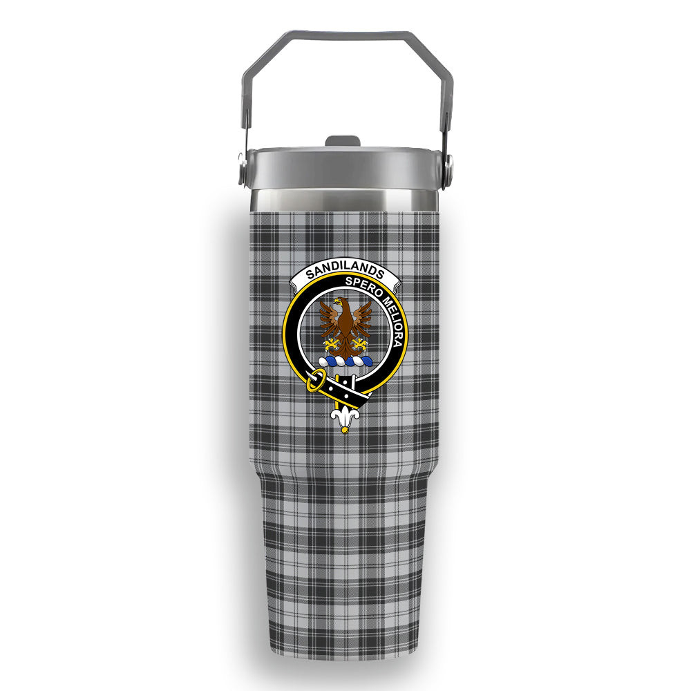 ScotsTee Shop Scottish Sandilands Grey Crest Tartan Flip Straw Tumbler 20oz 30oz