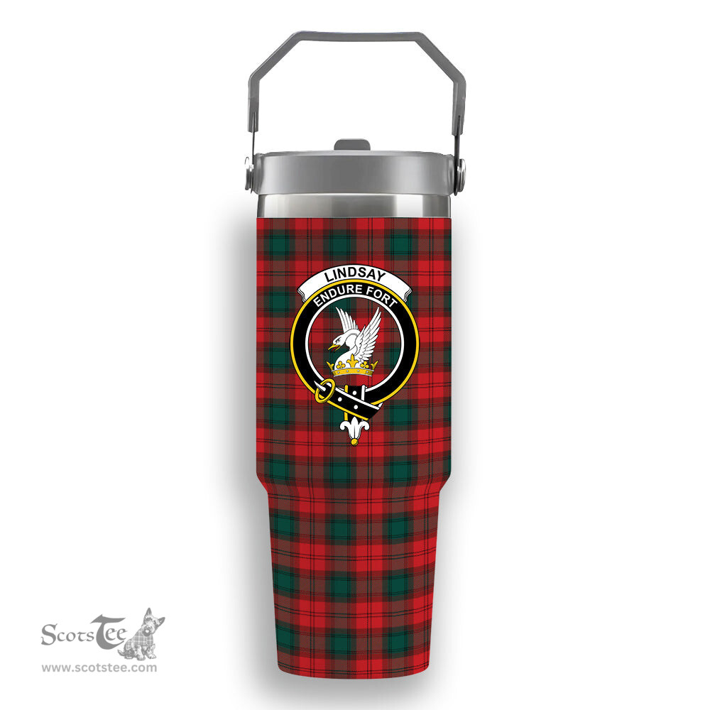ScotsTee Shop Scottish Lindsay Black lines Modern Crest Tartan Flip Straw Tumbler 20oz 30oz