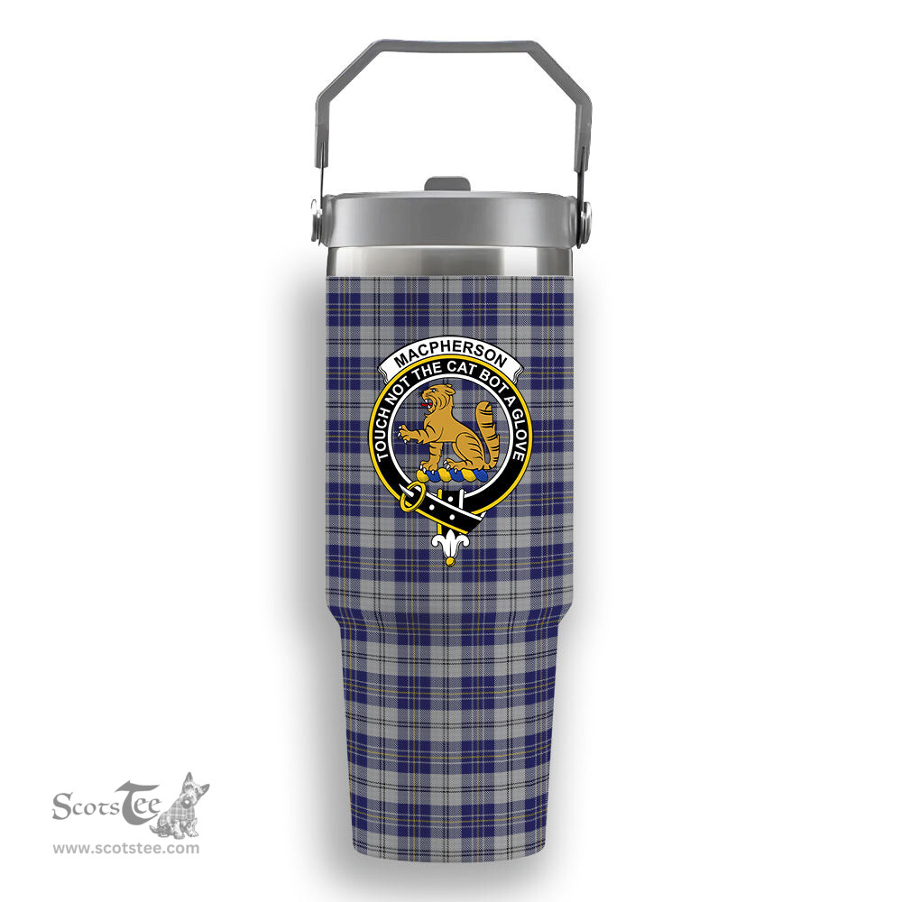 ScotsTee Shop Scottish MacPherson Dress Blue Crest Tartan Flip Straw Tumbler 20oz 30oz