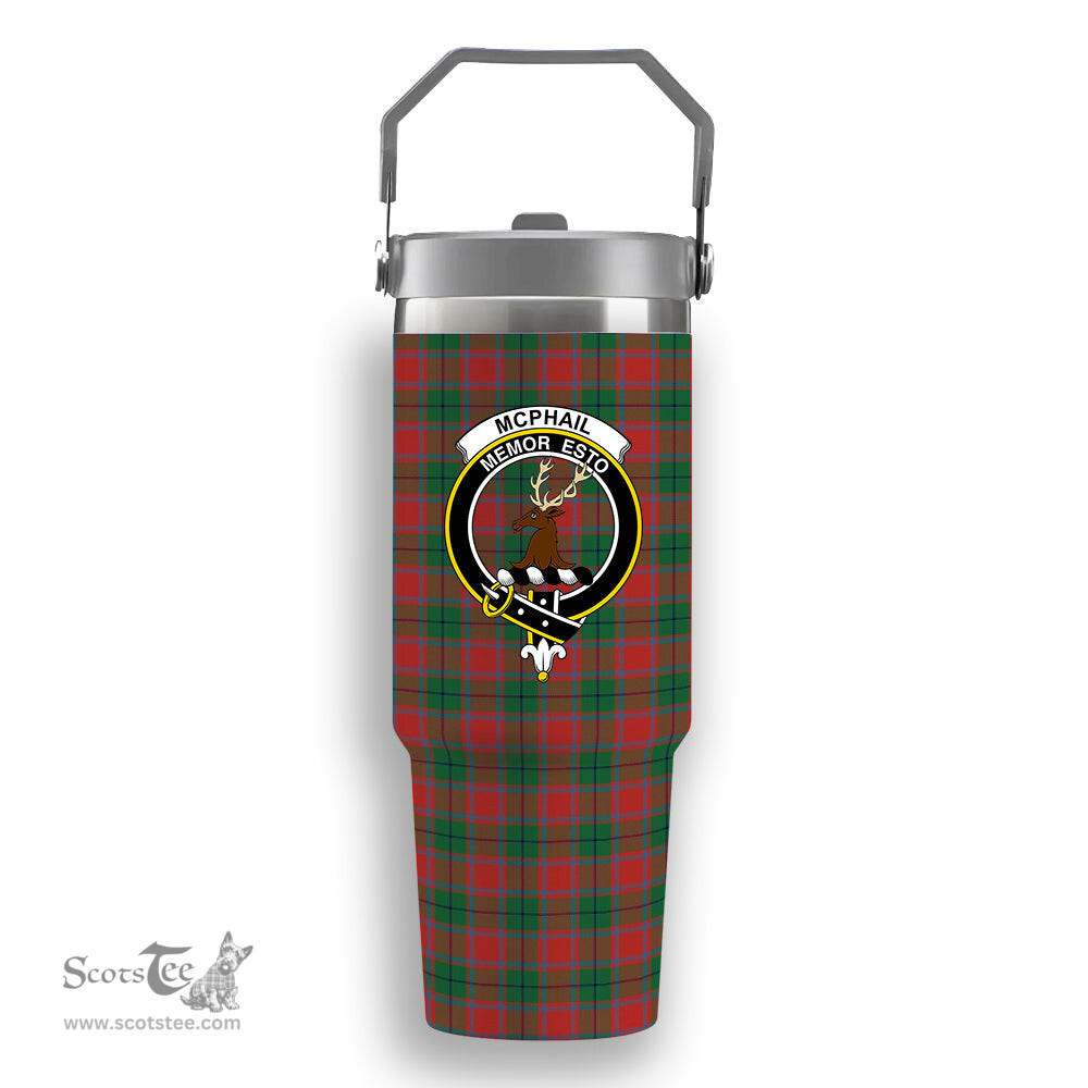 ScotsTee Shop Scottish McPhail Blue Bands Ancient Crest Tartan Flip Straw Tumbler 20oz 30oz