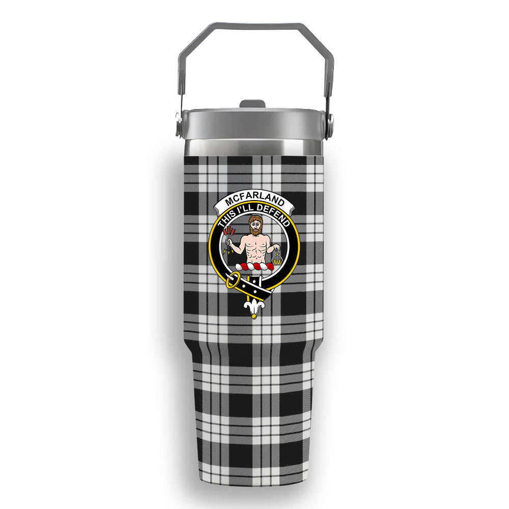 ScotsTee Shop Scottish McFarland Black White Crest Tartan Flip Straw Tumbler 20oz 30oz
