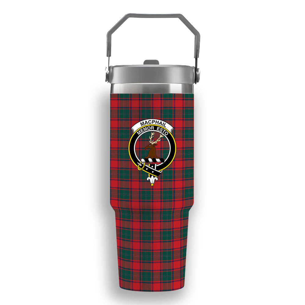ScotsTee Shop Scottish MacPhail Blue Bands Modern Crest Tartan Flip Straw Tumbler 20oz 30oz