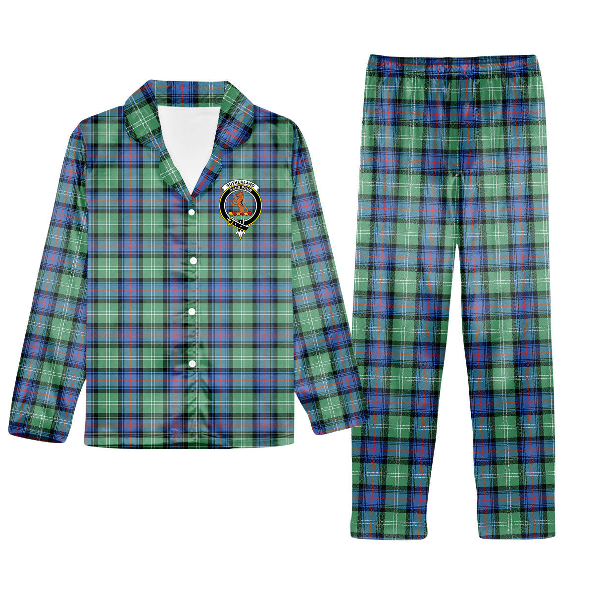 ScotsTee Shop Scottish Sutherland Old Ancient SC Crest Tartan Pajama Satin Velvet Flannel Pajama Set