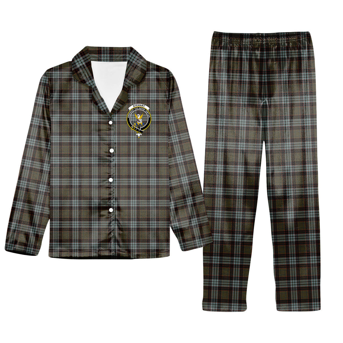 ScotsTee Shop Scottish Stewart Old Weathered Crest Tartan Pajama Satin Velvet Flannel Pajama Set