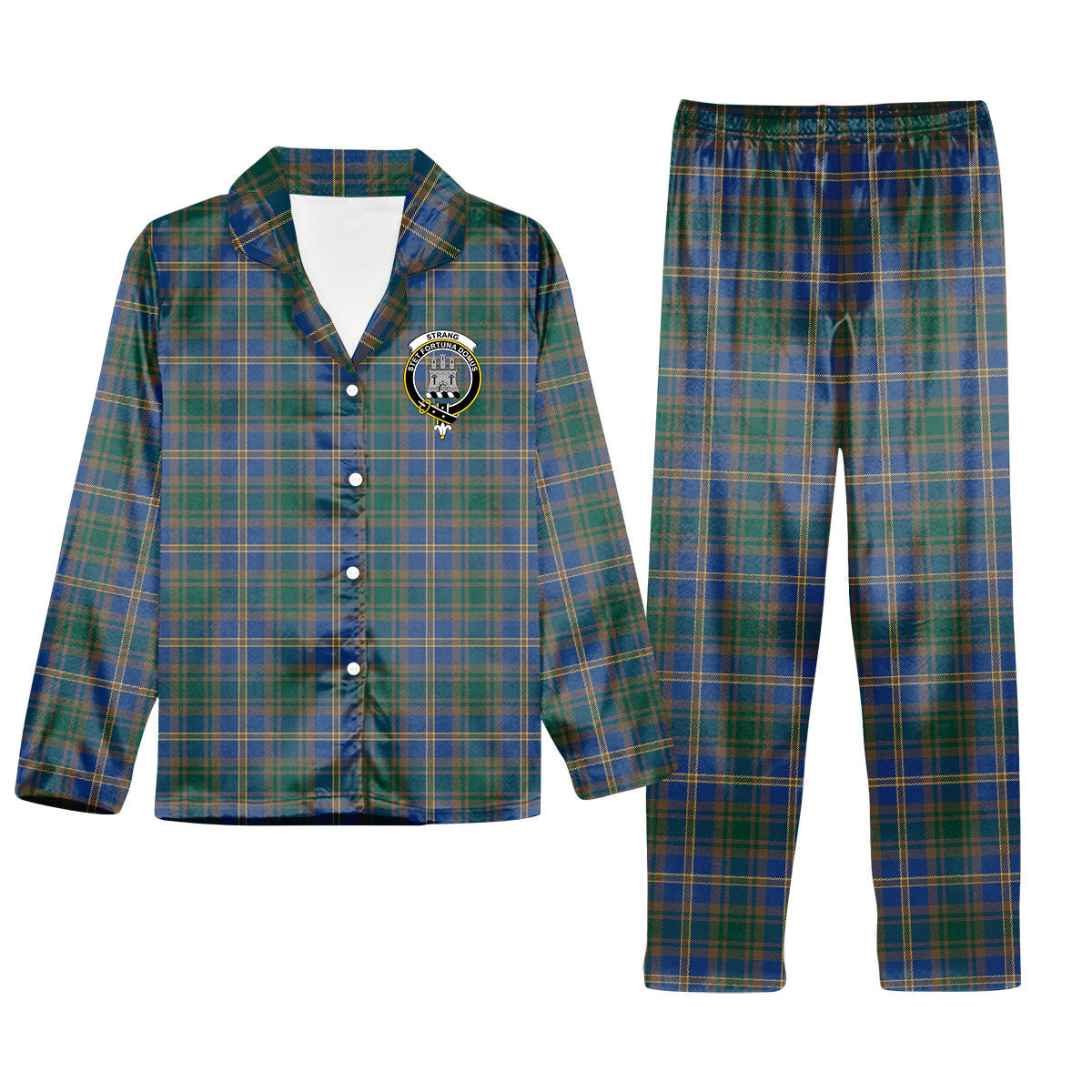 ScotsTee Shop Scottish Strang of Balkaskie Modern Crest Tartan Pajama Satin Velvet Flannel Pajama Set