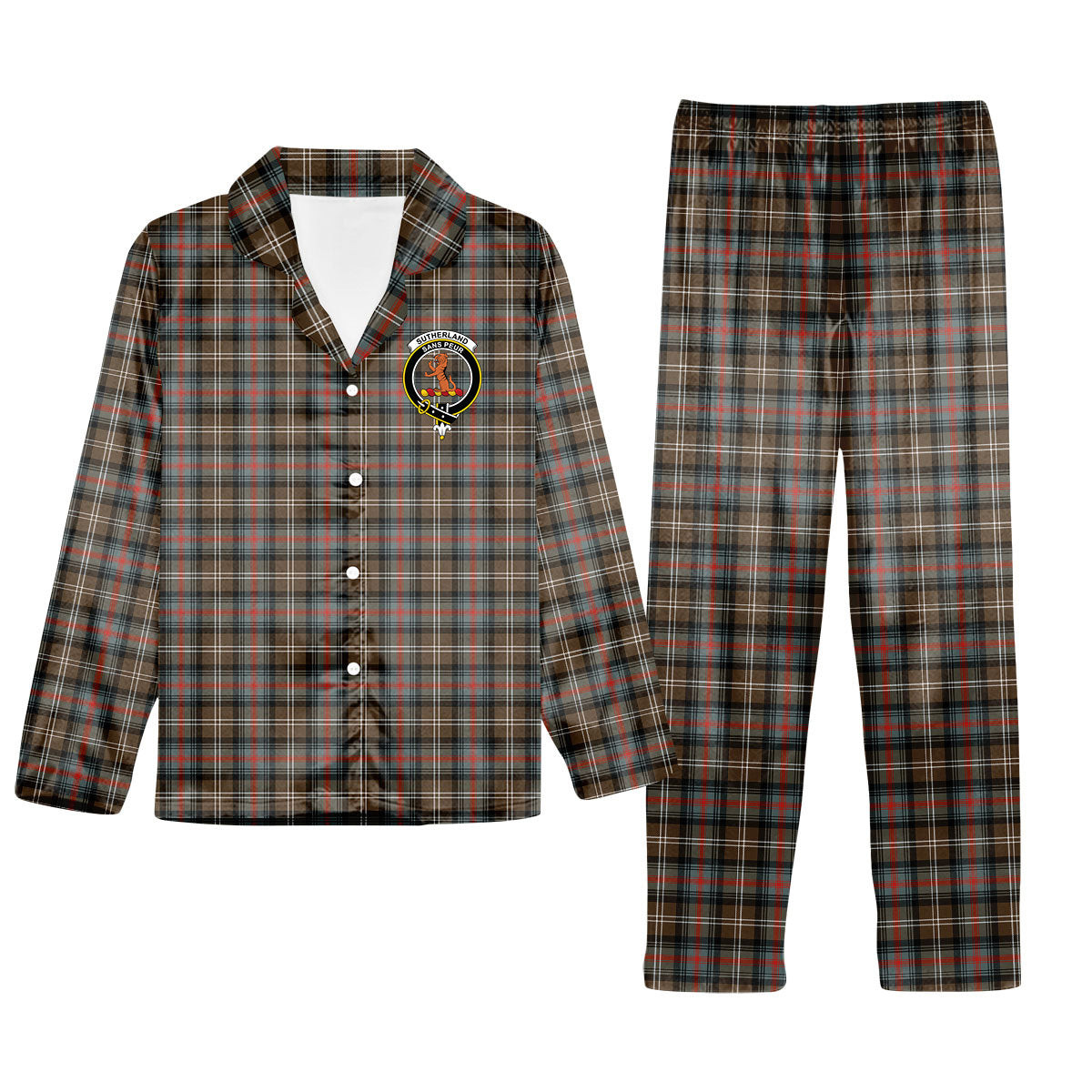 ScotsTee Shop Scottish Sutherland Weathered Crest Tartan Pajama Satin Velvet Flannel Pajama Set
