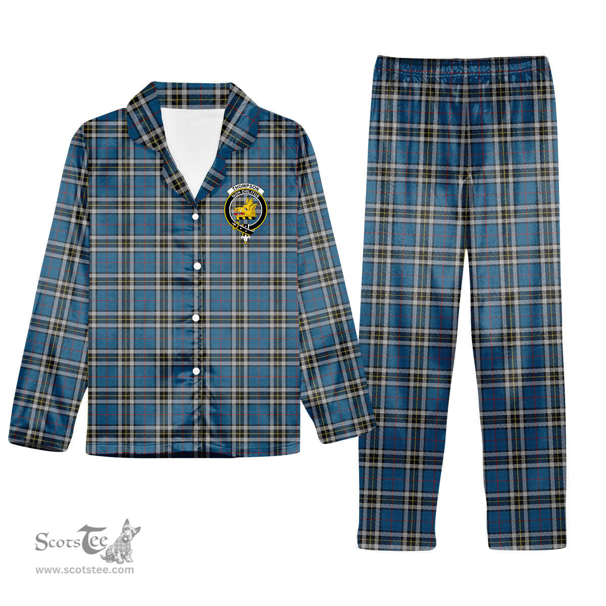 ScotsTee Shop Scottish Thompson Society Dress Blue Crest Tartan Pajama Satin Velvet Flannel Pajama Set