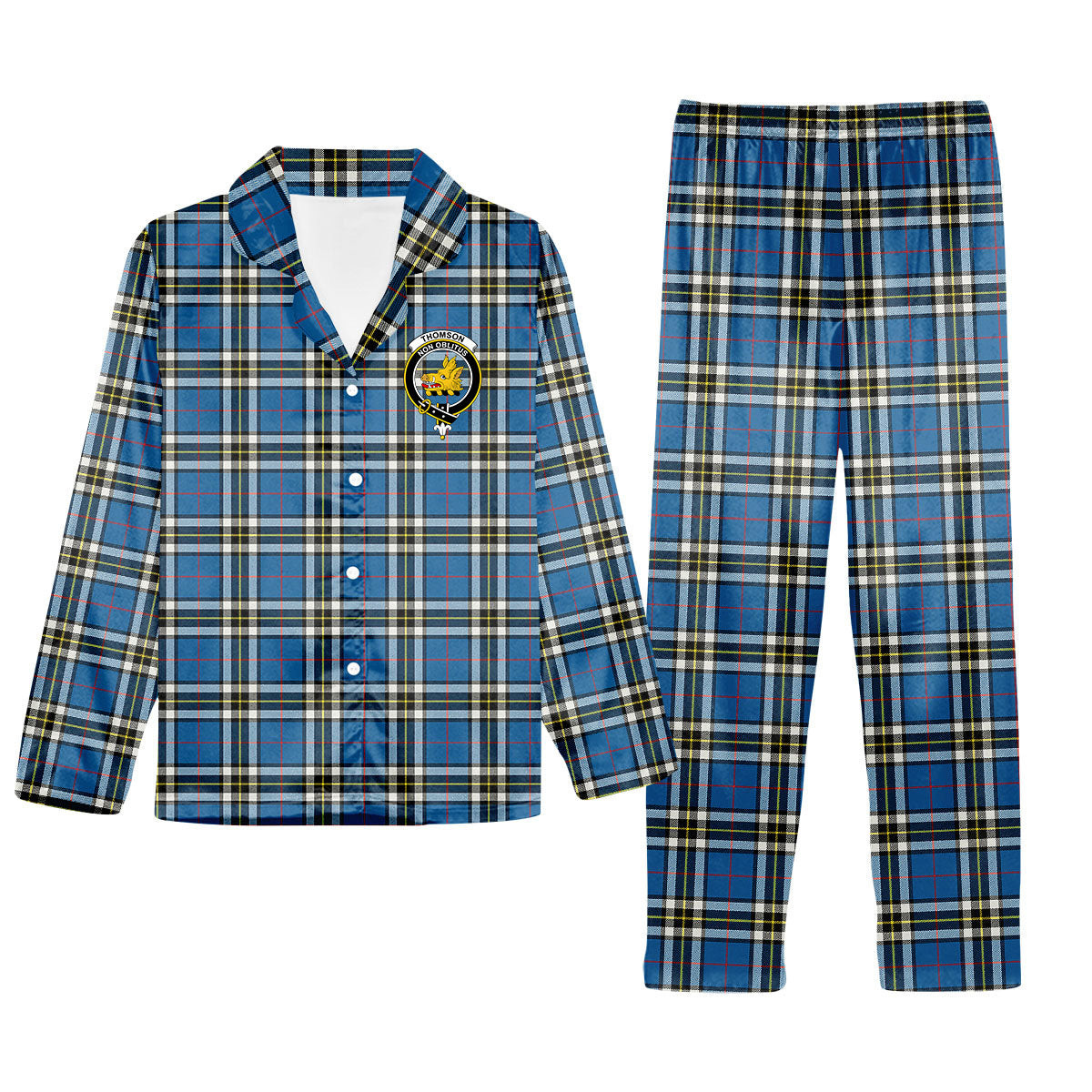 ScotsTee Shop Scottish Thomson Blue Crest Tartan Pajama Satin Velvet Flannel Pajama Set