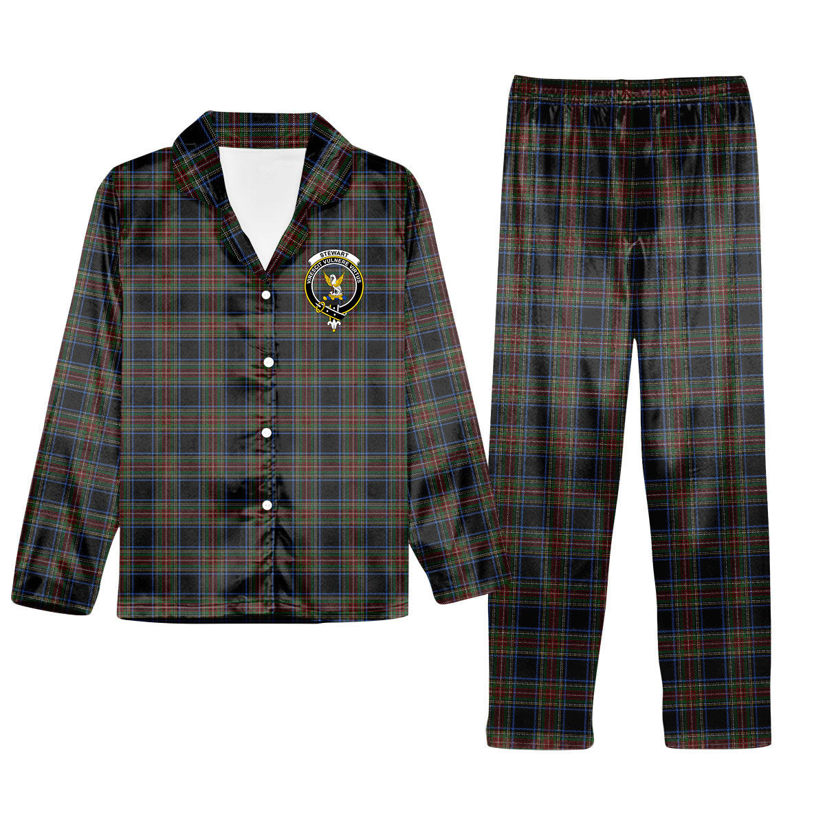 ScotsTee Shop Scottish Stewart Black 2 Crest Tartan Pajama Satin Velvet Flannel Pajama Set