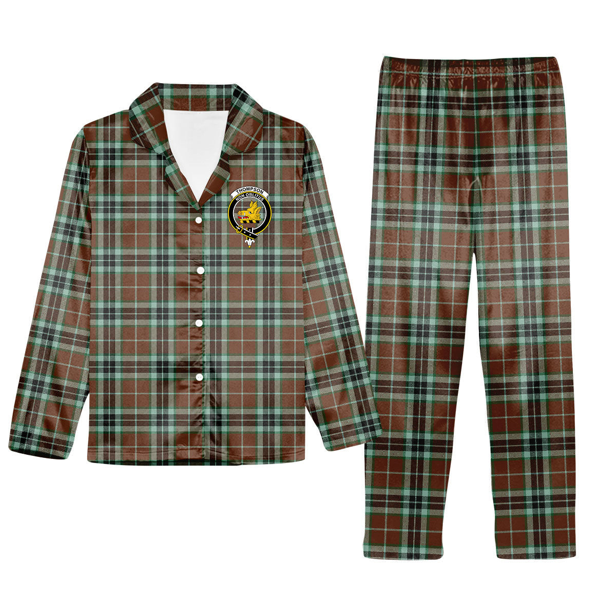 ScotsTee Shop Scottish Thompson Society Hunting Modern Crest Tartan Pajama Satin Velvet Flannel Pajama Set
