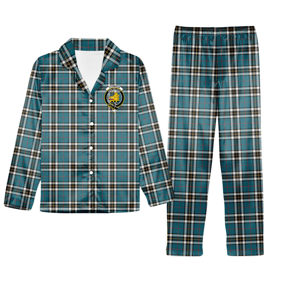 ScotsTee Shop Scottish Thomson Dress Blue Ancient Crest Tartan Pajama Satin Velvet Flannel Pajama Set