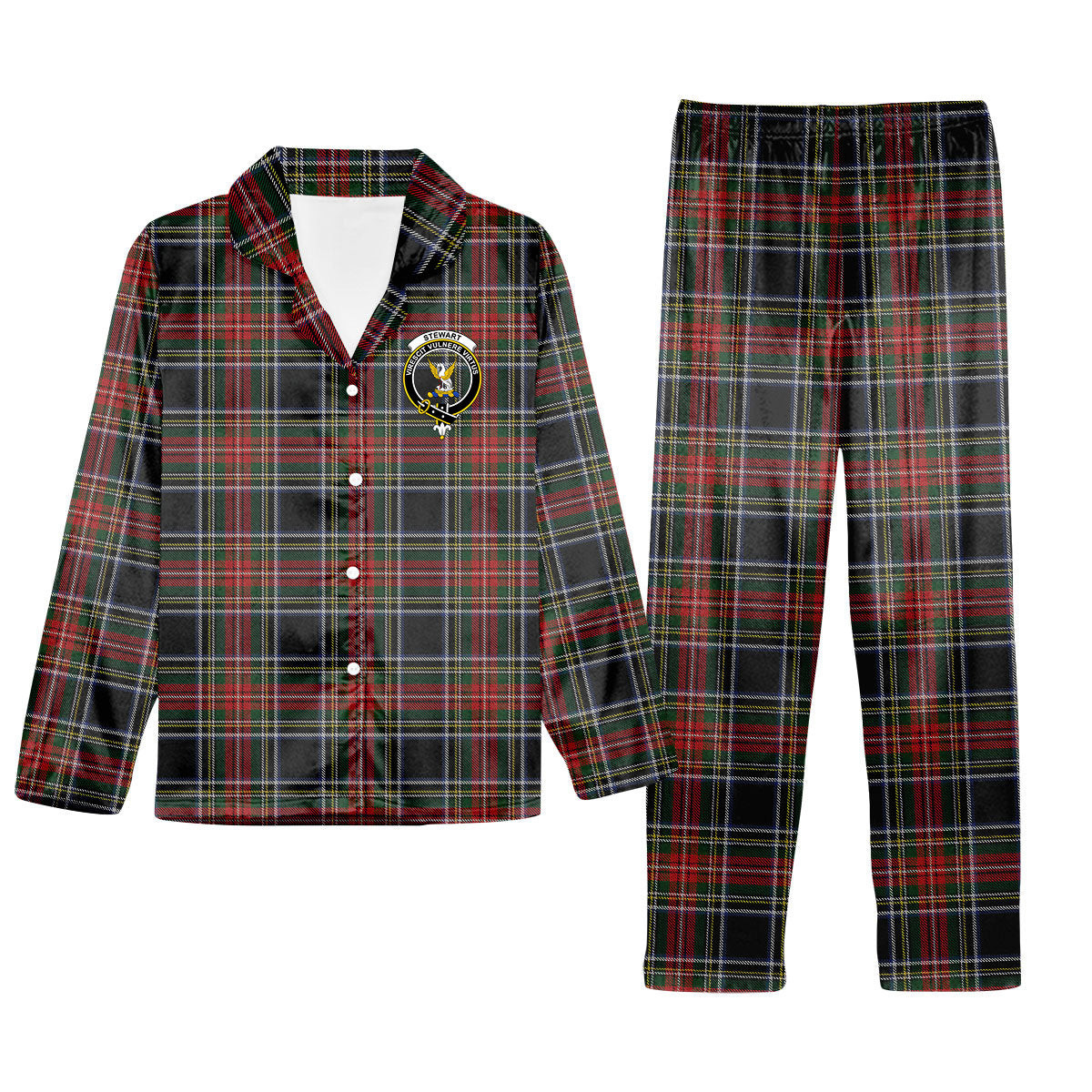 ScotsTee Shop Scottish Stewart Black Crest Tartan Pajama Satin Velvet Flannel Pajama Set
