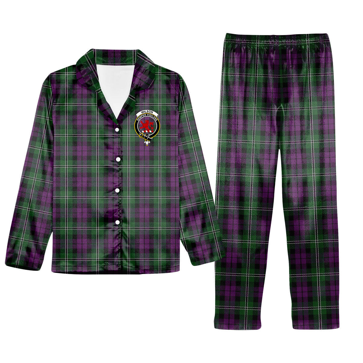 ScotsTee Shop Scottish Wilson Crest Tartan Pajama Satin Velvet Flannel Pajama Set