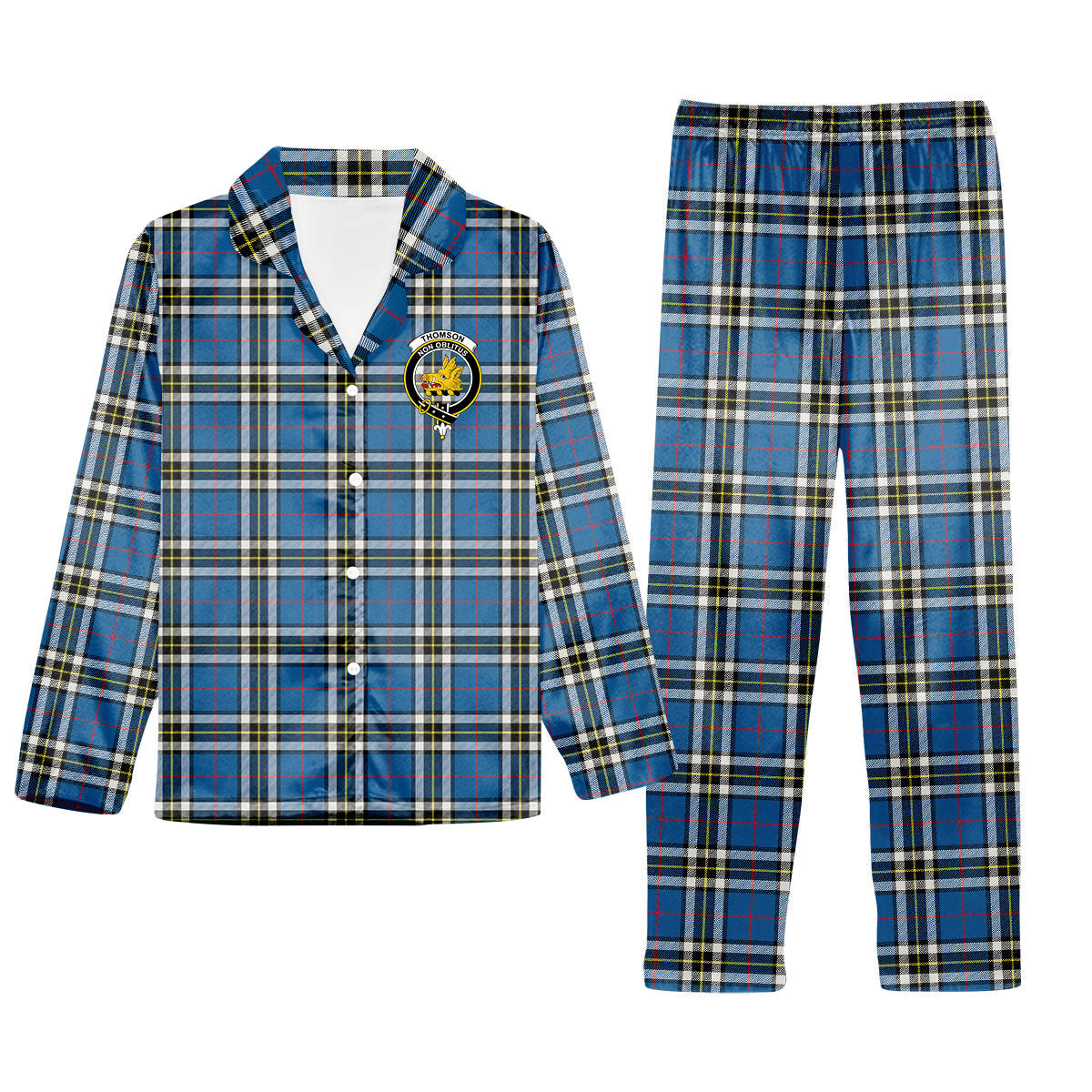 ScotsTee Shop Scottish Thomson Dress Blue Modern Crest Tartan Pajama Satin Velvet Flannel Pajama Set