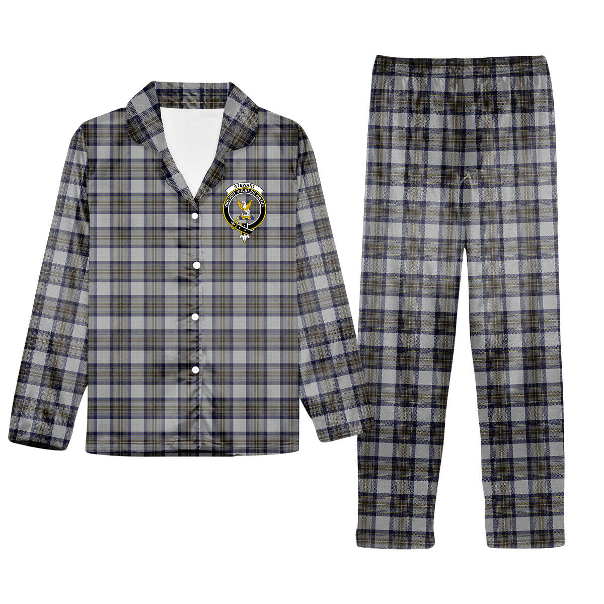 ScotsTee Shop Scottish Stewart Dress Blue Crest Tartan Pajama Satin Velvet Flannel Pajama Set
