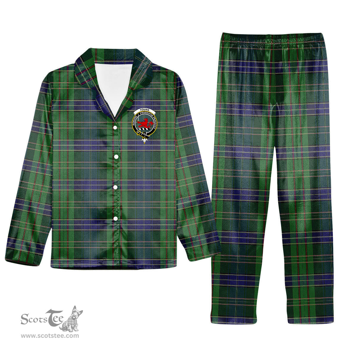 ScotsTee Shop Scottish Young, Melvina Crest Tartan Pajama Satin Velvet Flannel Pajama Set