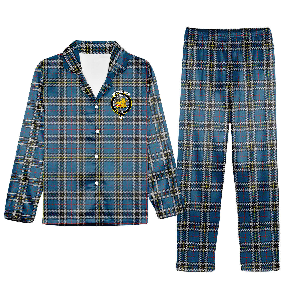 ScotsTee Shop Scottish Thompson Dress Blue Crest Tartan Pajama Satin Velvet Flannel Pajama Set