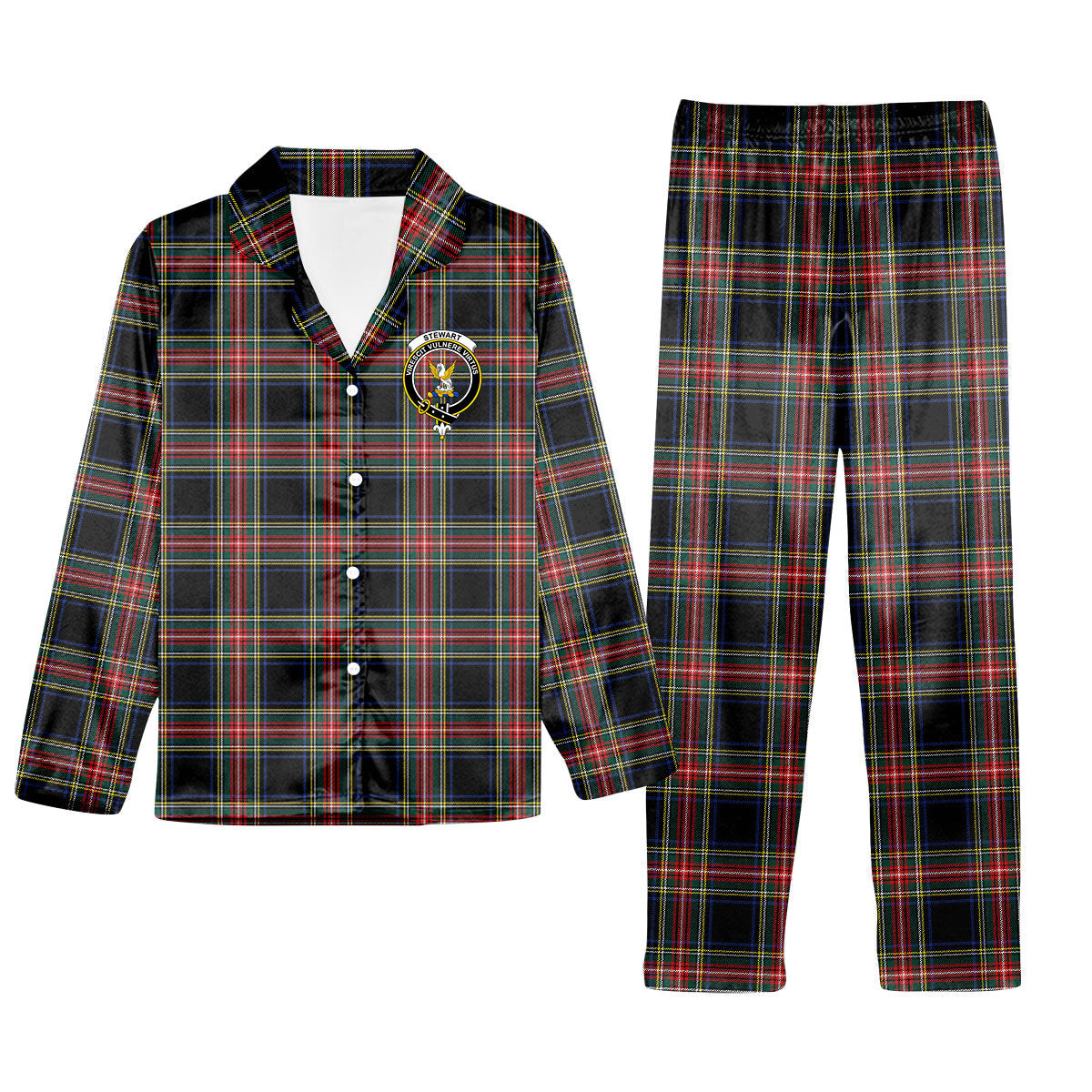 ScotsTee Shop Scottish Stewart Black Modern Crest Tartan Pajama Satin Velvet Flannel Pajama Set
