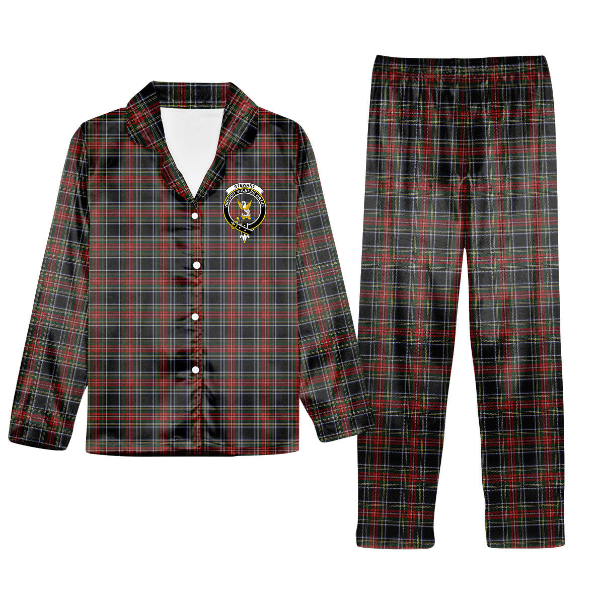 ScotsTee Shop Scottish Stewart Black 3 Crest Tartan Pajama Satin Velvet Flannel Pajama Set