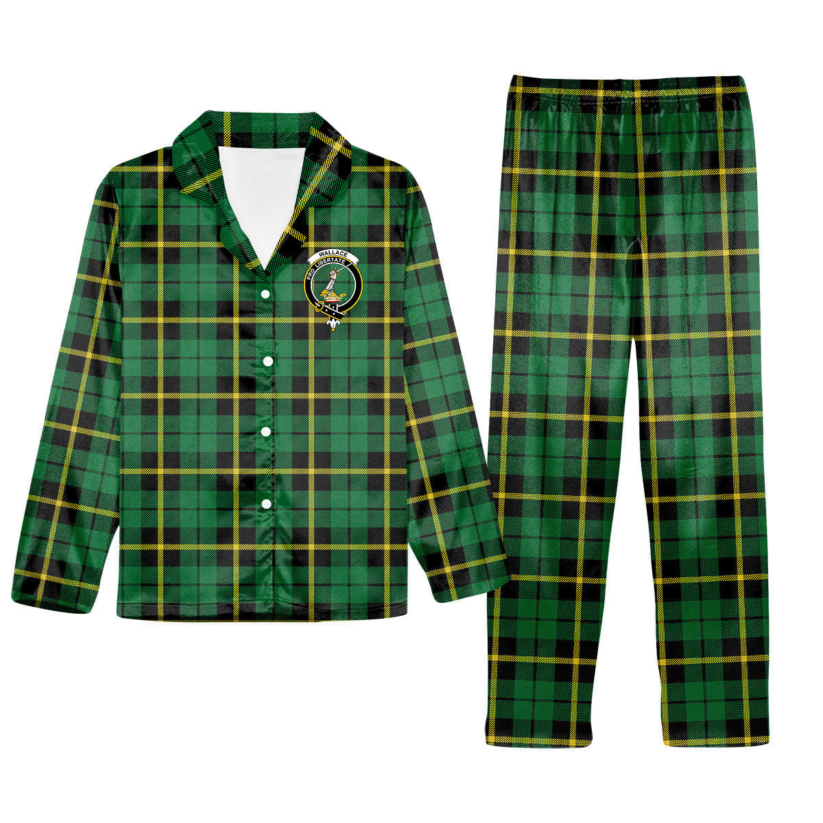 ScotsTee Shop Scottish Wallace Hunting Green Crest Tartan Pajama Satin Velvet Flannel Pajama Set