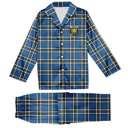 ScotsTee Shop Scottish Thompson Society Dress Blue Modern Crest Tartan Pajama Satin Velvet Flannel Pajama Set