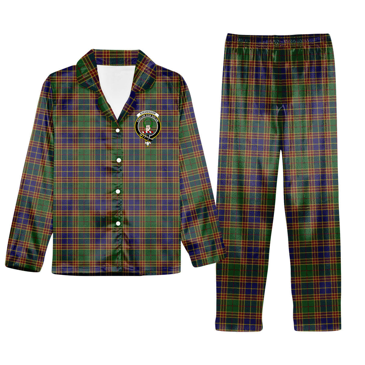 ScotsTee Shop Scottish Stevenson Old Crest Tartan Pajama Satin Velvet Flannel Pajama Set