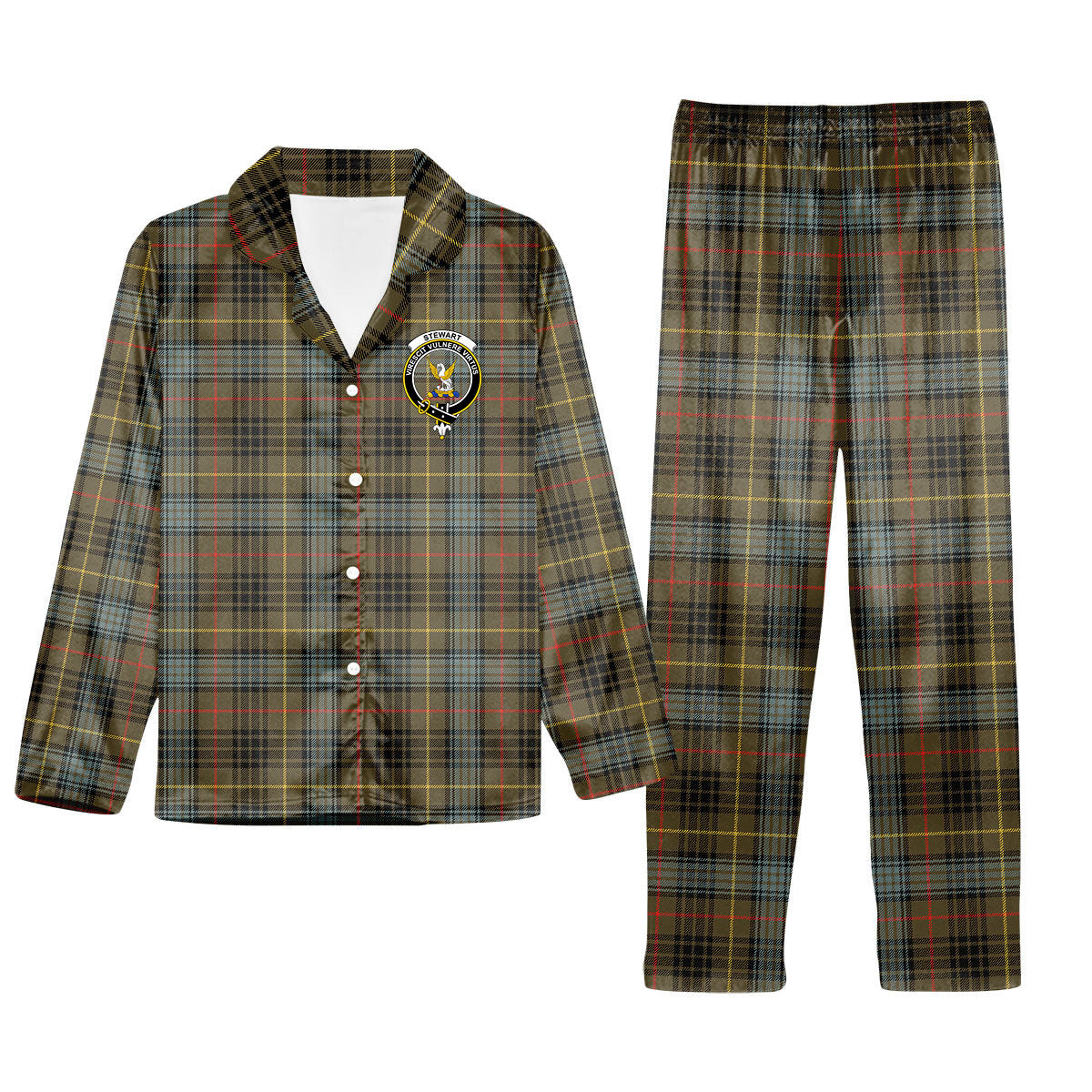 ScotsTee Shop Scottish Stewart Hunting Weathered Crest Tartan Pajama Satin Velvet Flannel Pajama Set