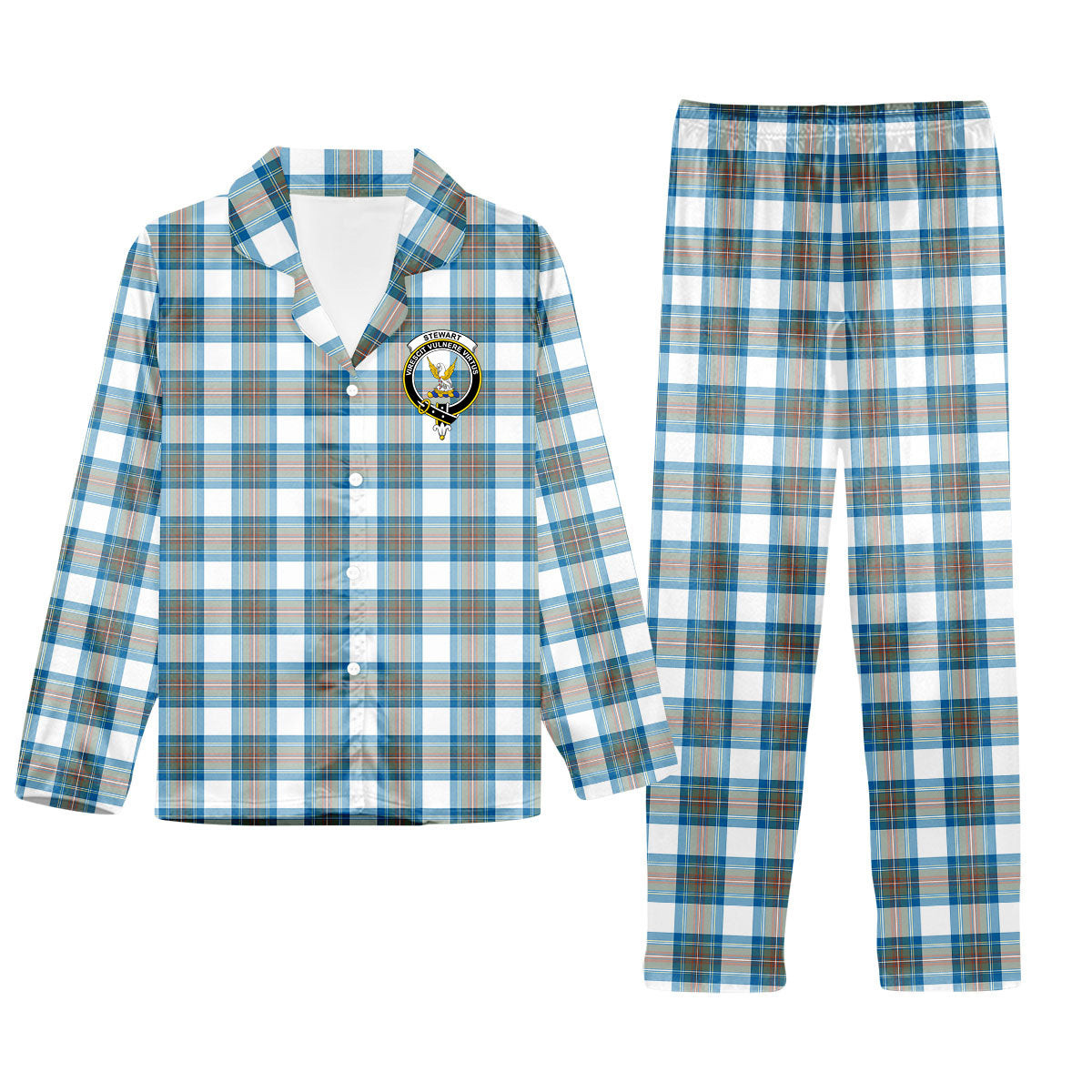 ScotsTee Shop Scottish Stewart Muted Blue Crest Tartan Pajama Satin Velvet Flannel Pajama Set