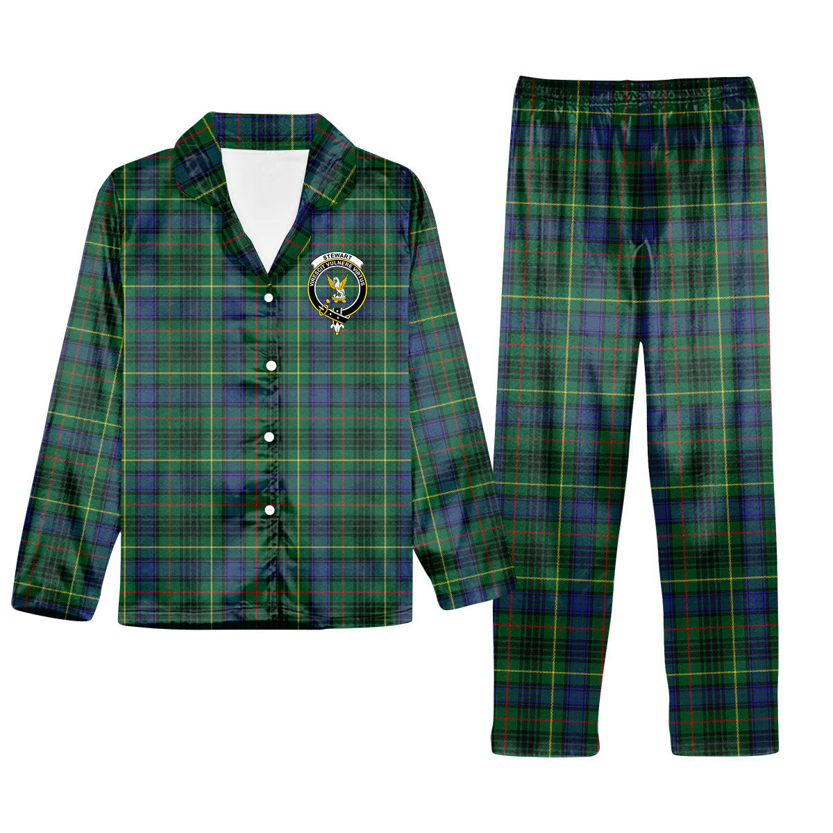 ScotsTee Shop Scottish Stewart Hunting Modern SC Crest Tartan Pajama Satin Velvet Flannel Pajama Set