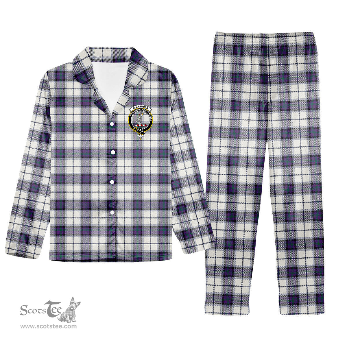 ScotsTee Shop Scottish Alexander of Menstry Dress Modern Crest Tartan Pajama Satin Velvet Flannel Pajama Set