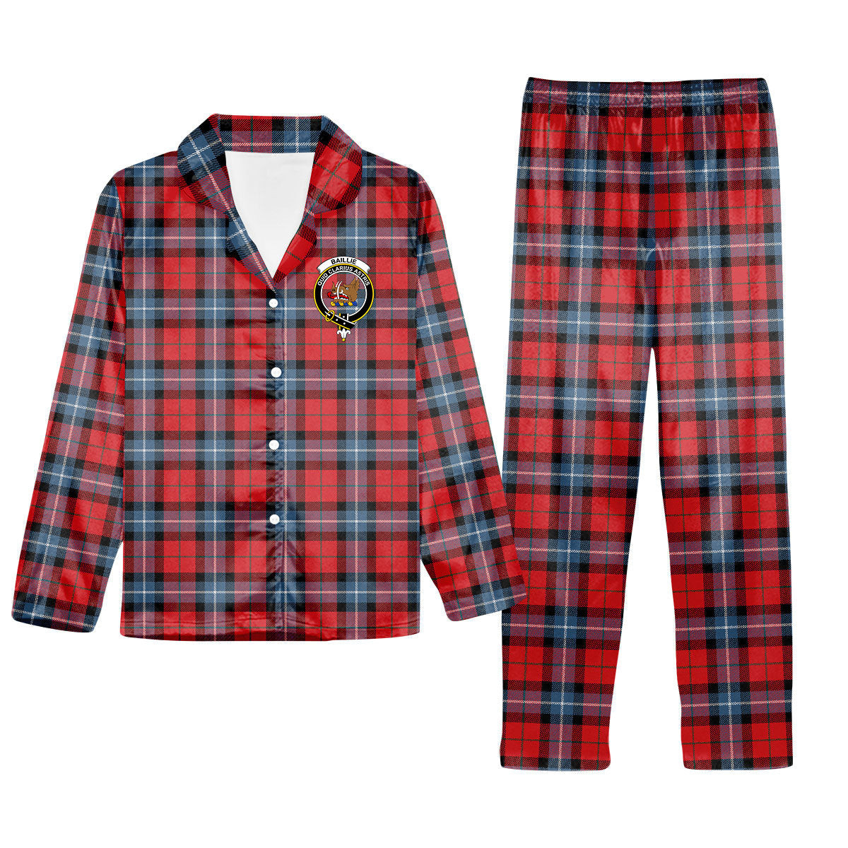 ScotsTee Shop Scottish Baillie of Polkemmet Red Modern Crest Tartan Pajama Satin Velvet Flannel Pajama Set
