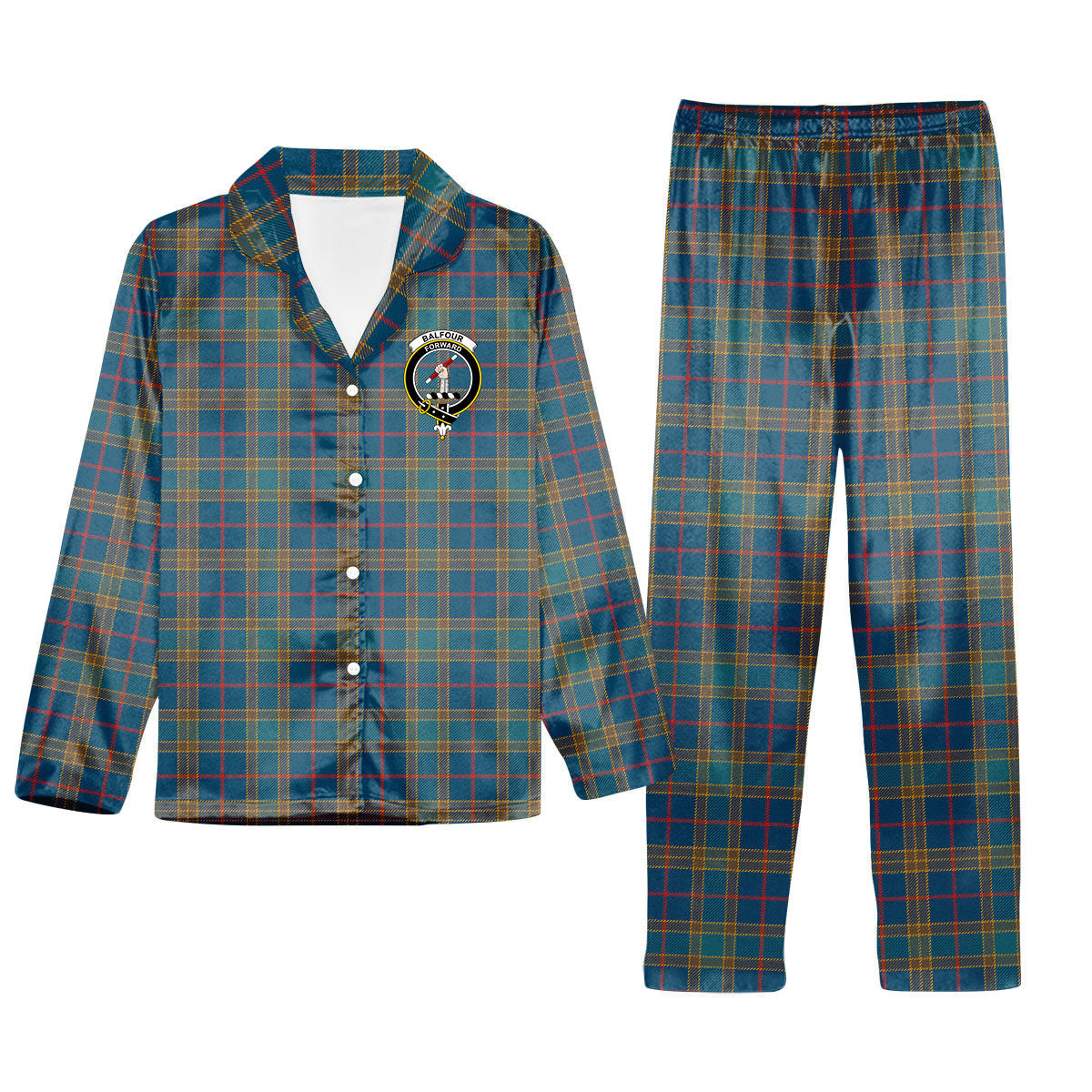 ScotsTee Shop Scottish Balfour Blue Ancient Crest Tartan Pajama Satin Velvet Flannel Pajama Set