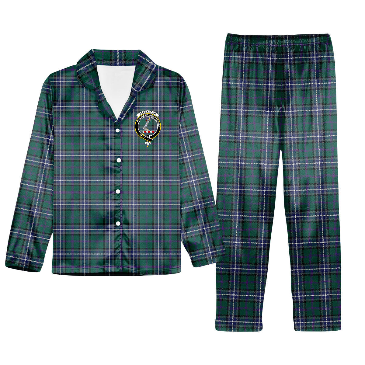 ScotsTee Shop Scottish Alexander of Menstry Hunting Modern Crest Tartan Pajama Satin Velvet Flannel Pajama Set