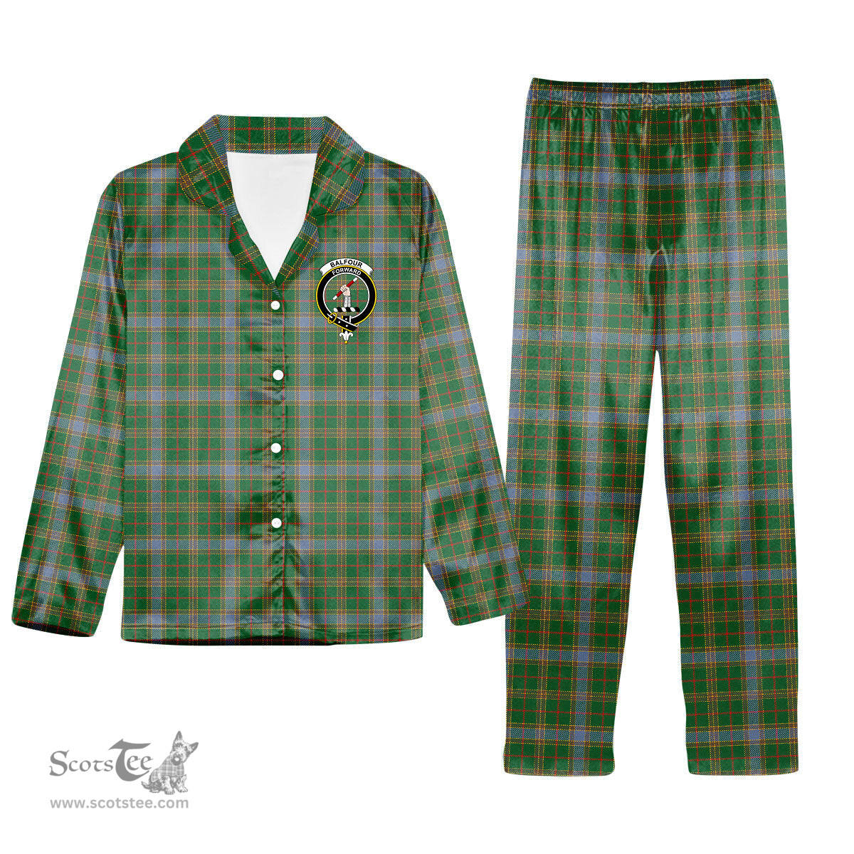 ScotsTee Shop Scottish Balfour Hunting Ancient Crest Tartan Pajama Satin Velvet Flannel Pajama Set