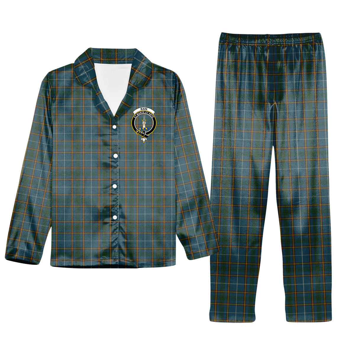 ScotsTee Shop Scottish Bain SC Crest Tartan Pajama Satin Velvet Flannel Pajama Set