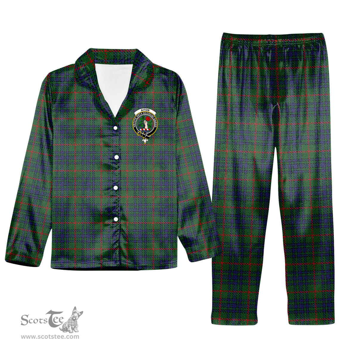 ScotsTee Shop Scottish Aiton Crest Tartan Pajama Satin Velvet Flannel Pajama Set