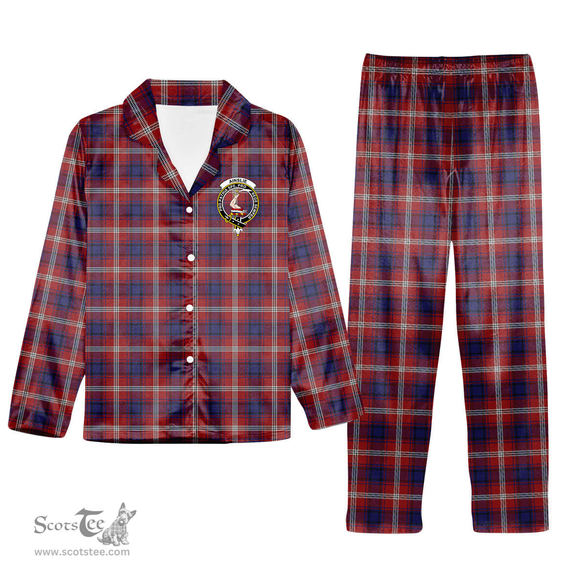 ScotsTee Shop Scottish Ainslie Crest Tartan Pajama Satin Velvet Flannel Pajama Set