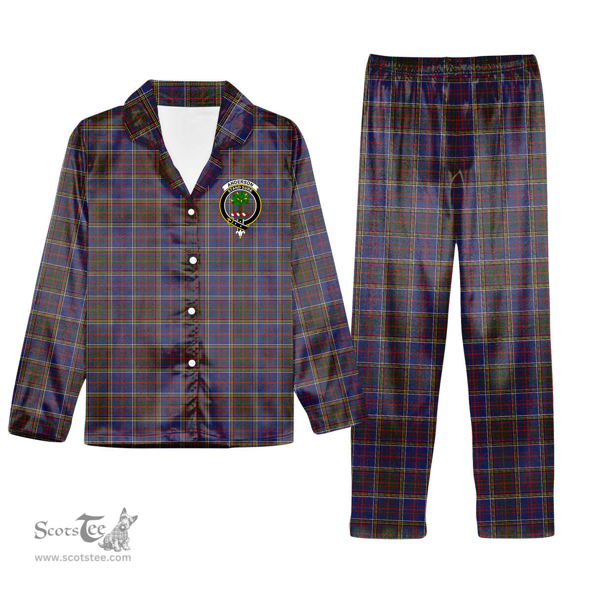 ScotsTee Shop Scottish Anderson W L Anderson, Stirling Crest Tartan Pajama Satin Velvet Flannel Pajama Set