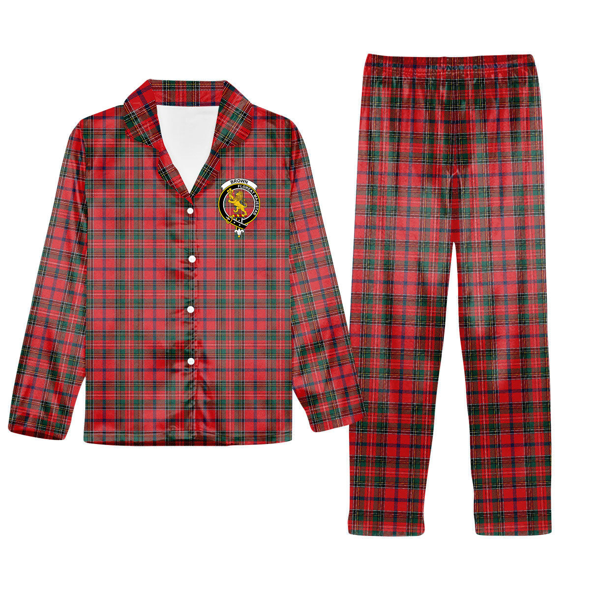 ScotsTee Shop Scottish Brown of Castledean (Broun of Castledean) Modern Crest Tartan Pajama Satin Velvet Flannel Pajama Set