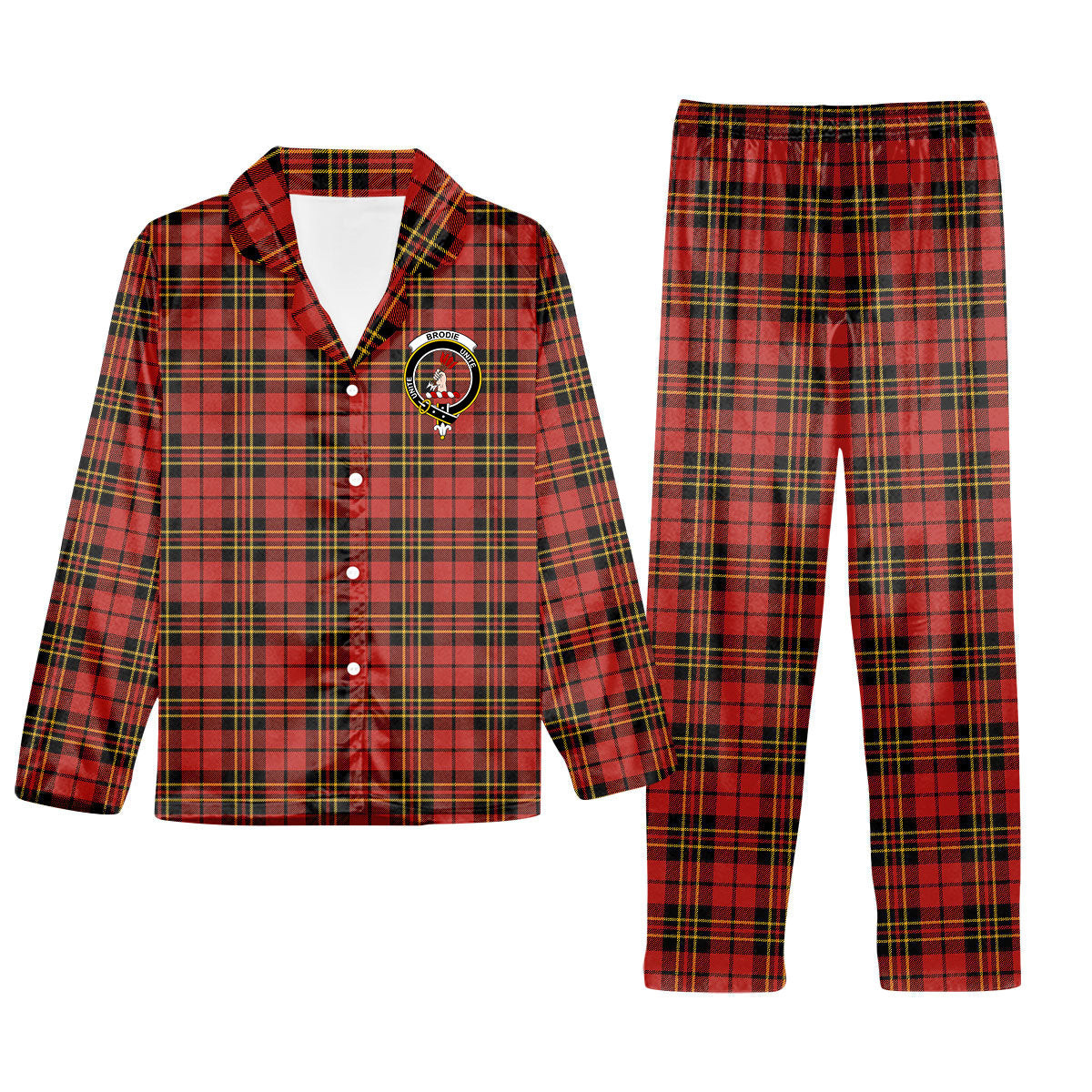 ScotsTee Shop Scottish Brodie Red Ancient Crest Tartan Pajama Satin Velvet Flannel Pajama Set