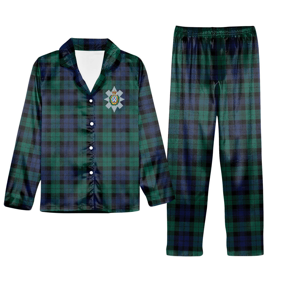ScotsTee Shop Scottish Black Watch Large Sett Modern Crest Tartan Pajama Satin Velvet Flannel Pajama Set