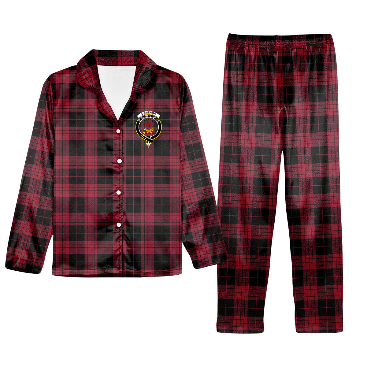 ScotsTee Shop Scottish Cameron Black and Red Modern Crest Tartan Pajama Satin Velvet Flannel Pajama Set