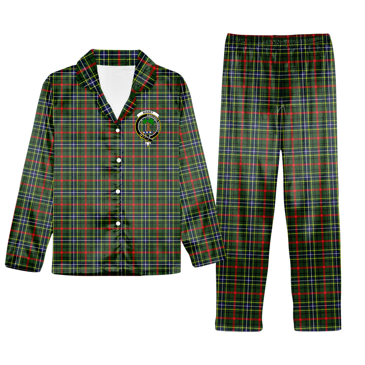 ScotsTee Shop Scottish Bisset SC Crest Tartan Pajama Satin Velvet Flannel Pajama Set